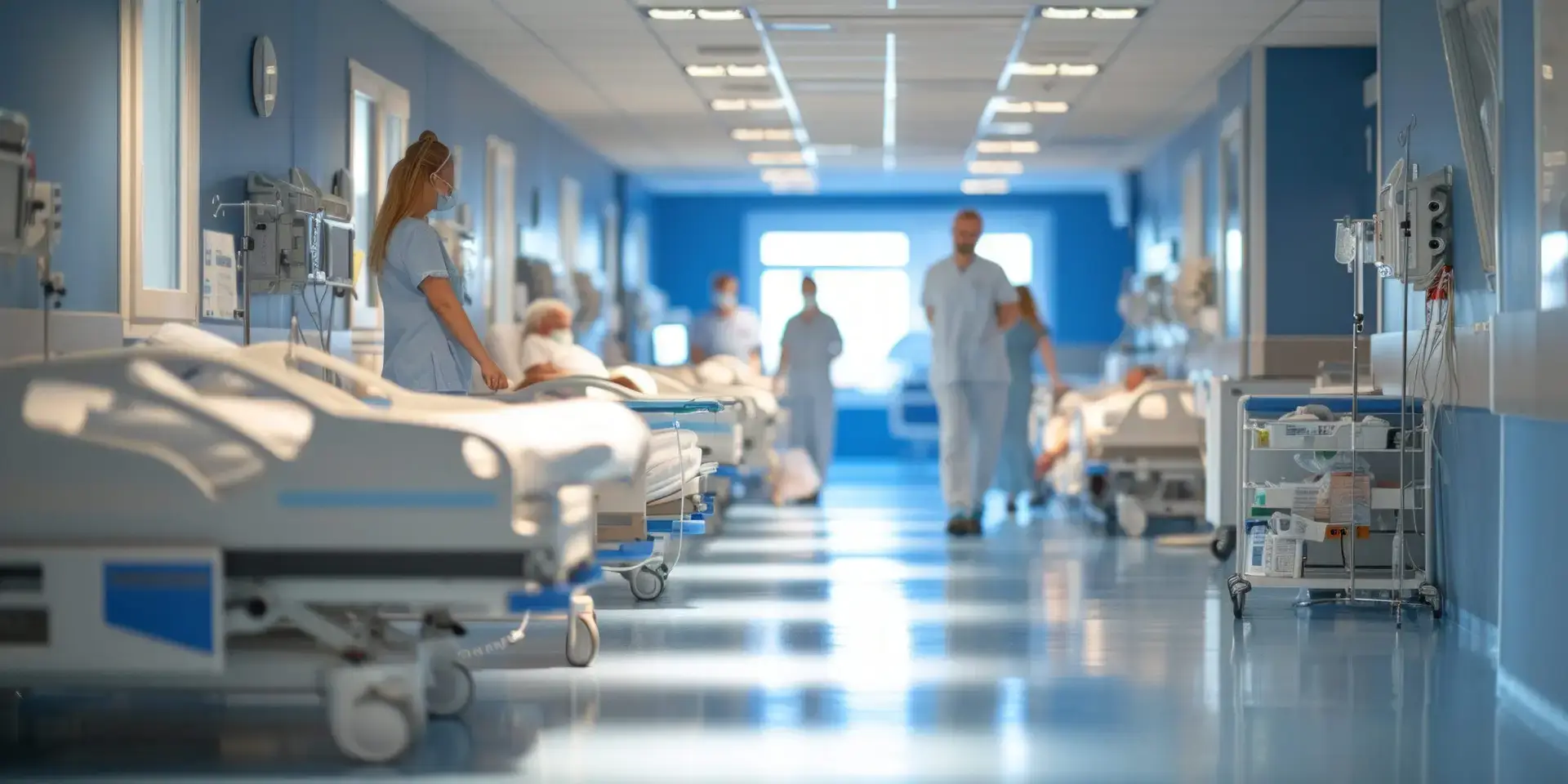 PHOTOGRAPHY Hospital ward with patient beds, medical equipment, and healthcare professionals providing care. --ar 2:1 --v 6 Job ID: ff95c3b4-4197-45f6-aad9-d371f6a5e371