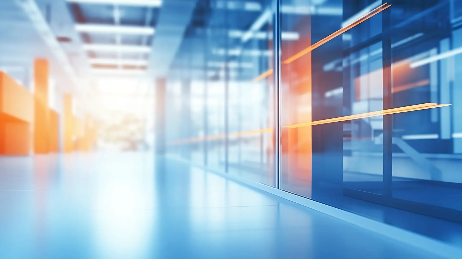 abstract blur modern interior inside entrance building of office in blue background with orange light effect concept : Generative AI