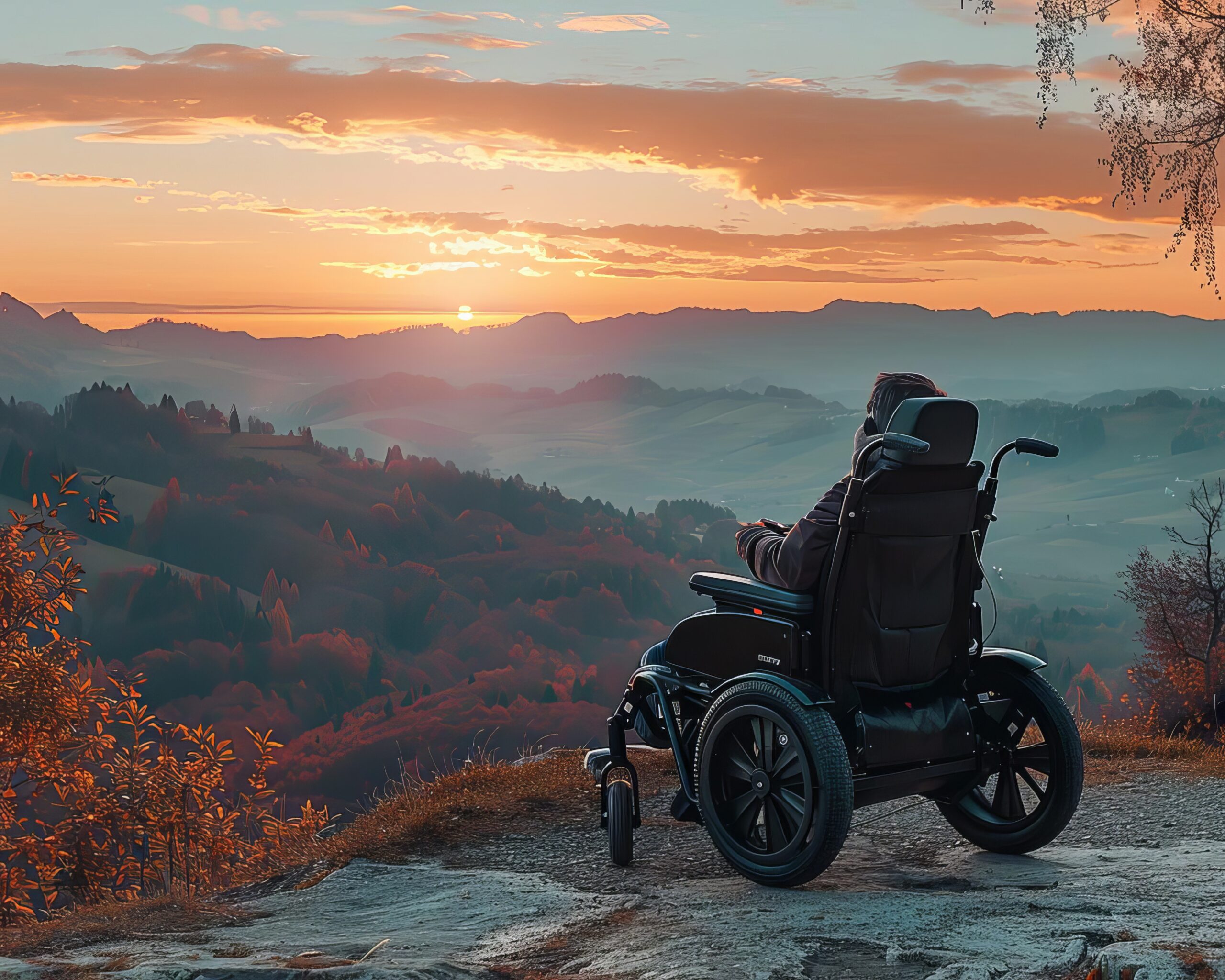 Electric wheelchair at a scenic overlook, user enjoying a sunset, freedom and mobility emphasized, tranquil setting