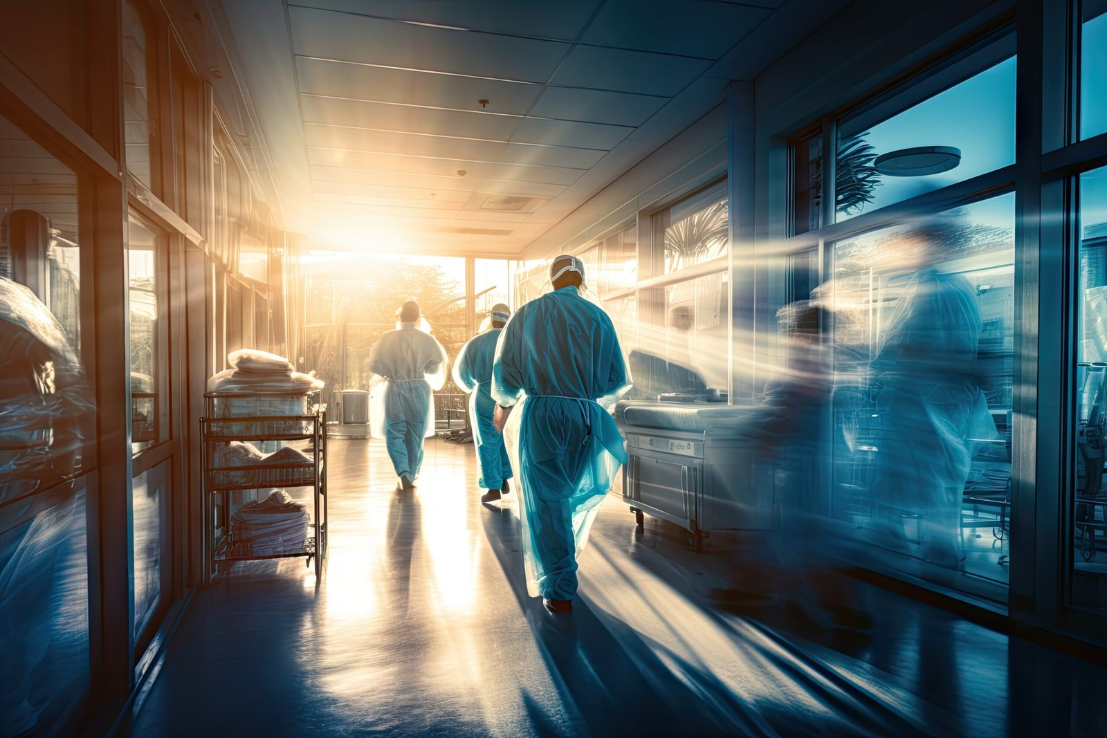 Medical professionals wearing blue scrubs walk down a hospital corridor with a bright light shining through the windows and motion blur effect. Generative AI.