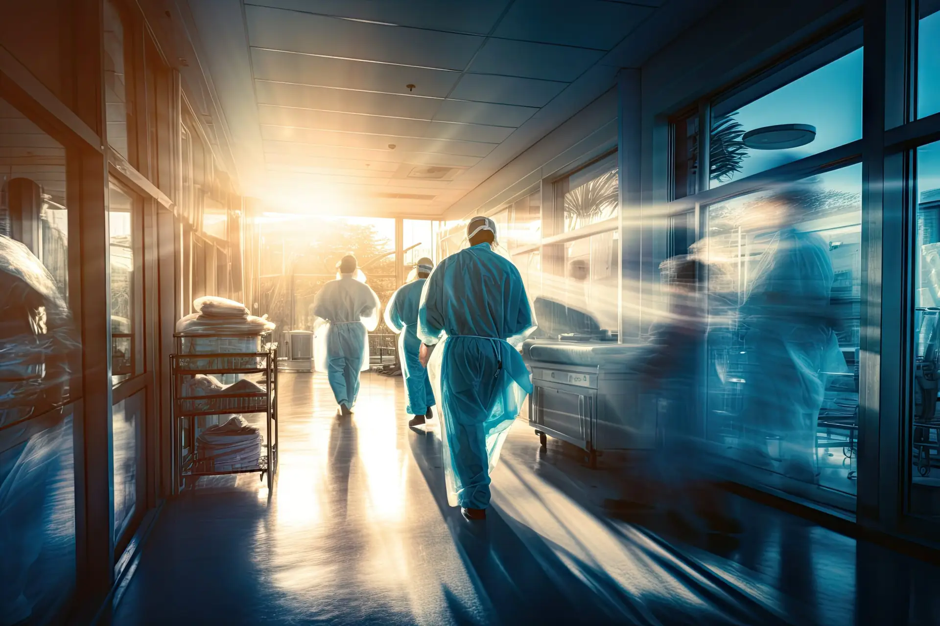 Medical professionals wearing blue scrubs walk down a hospital corridor with a bright light shining through the windows and motion blur effect. Generative AI.